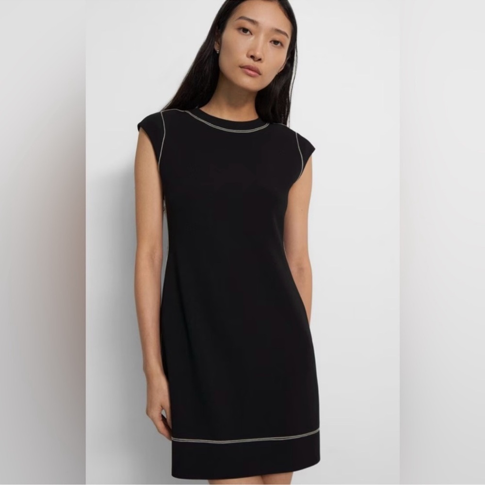 Theory Embroidered Shift Dress in Black Admiral Crepe